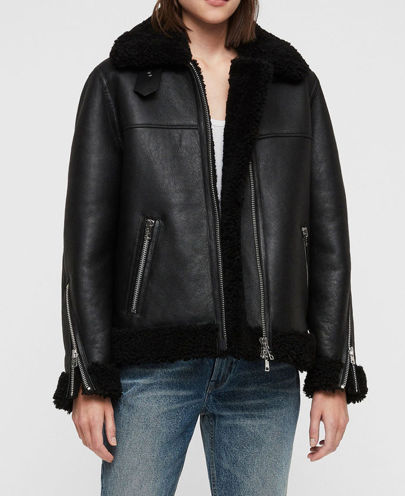 womens shearling bomber black leather jacket (2)